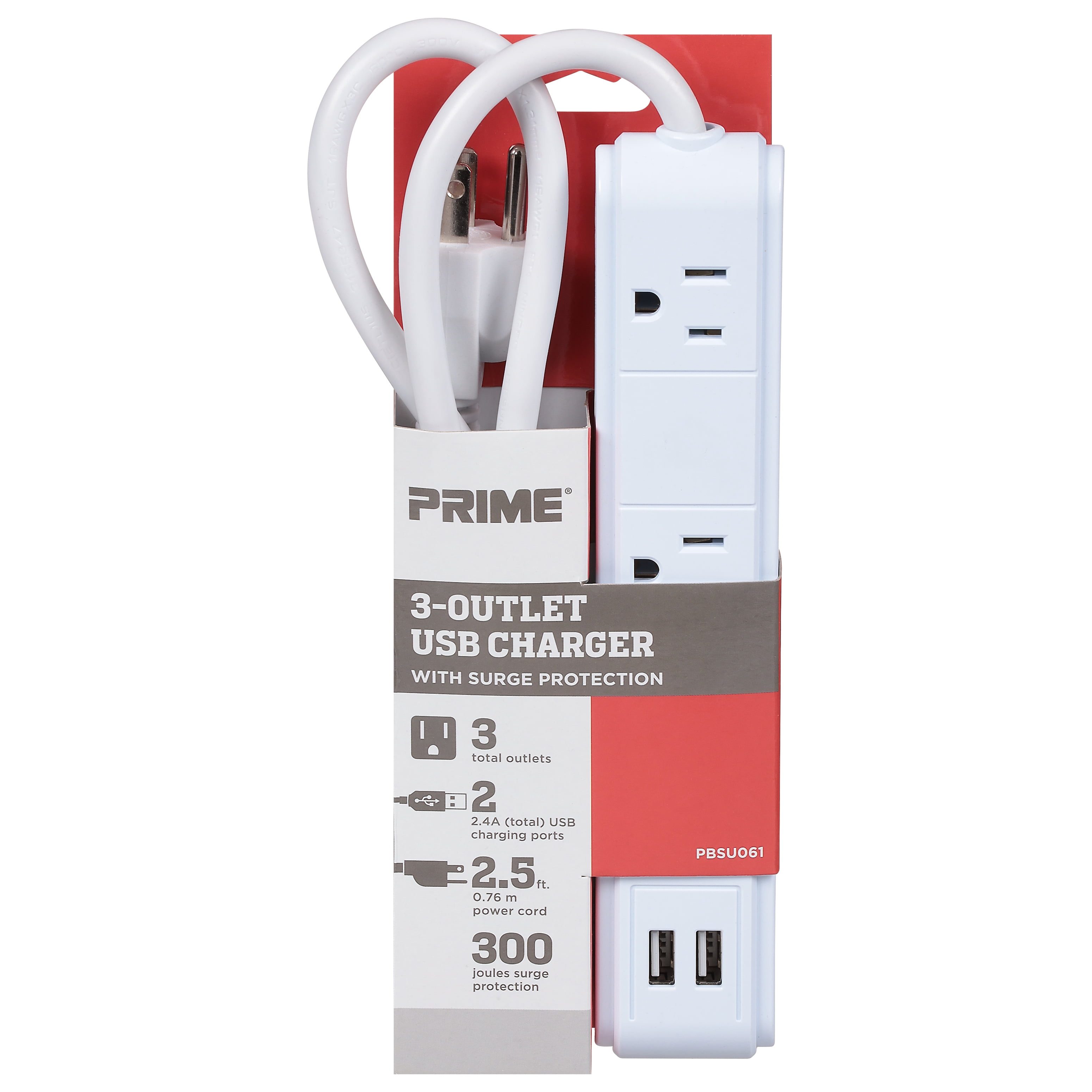 Prime Wire & Cable 3-Outlet/2-USB-A 300J White Surge Strip with 2.5 Ft. Cord