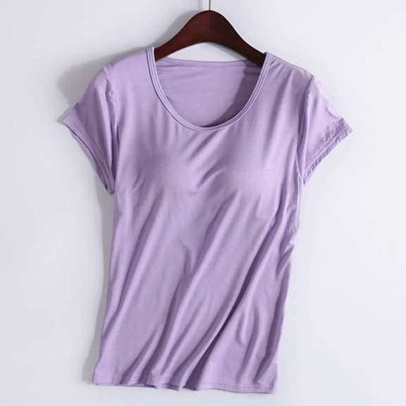 Women’s Short Sleeved Sleepwear Top with Built-in Chest Pad Bra Cup Vest Pajamas