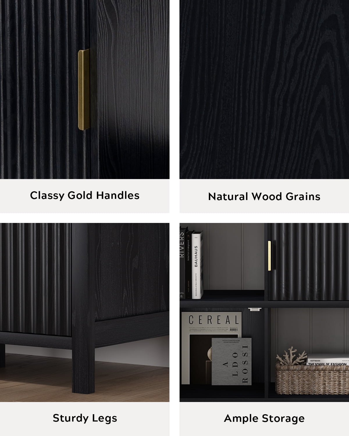 EYYTHUNG Fluted Storage Organizer Bookshelf, Modern Cube Bookcase with 3 Open Shelf and 3 Cabinets with Doors, Black