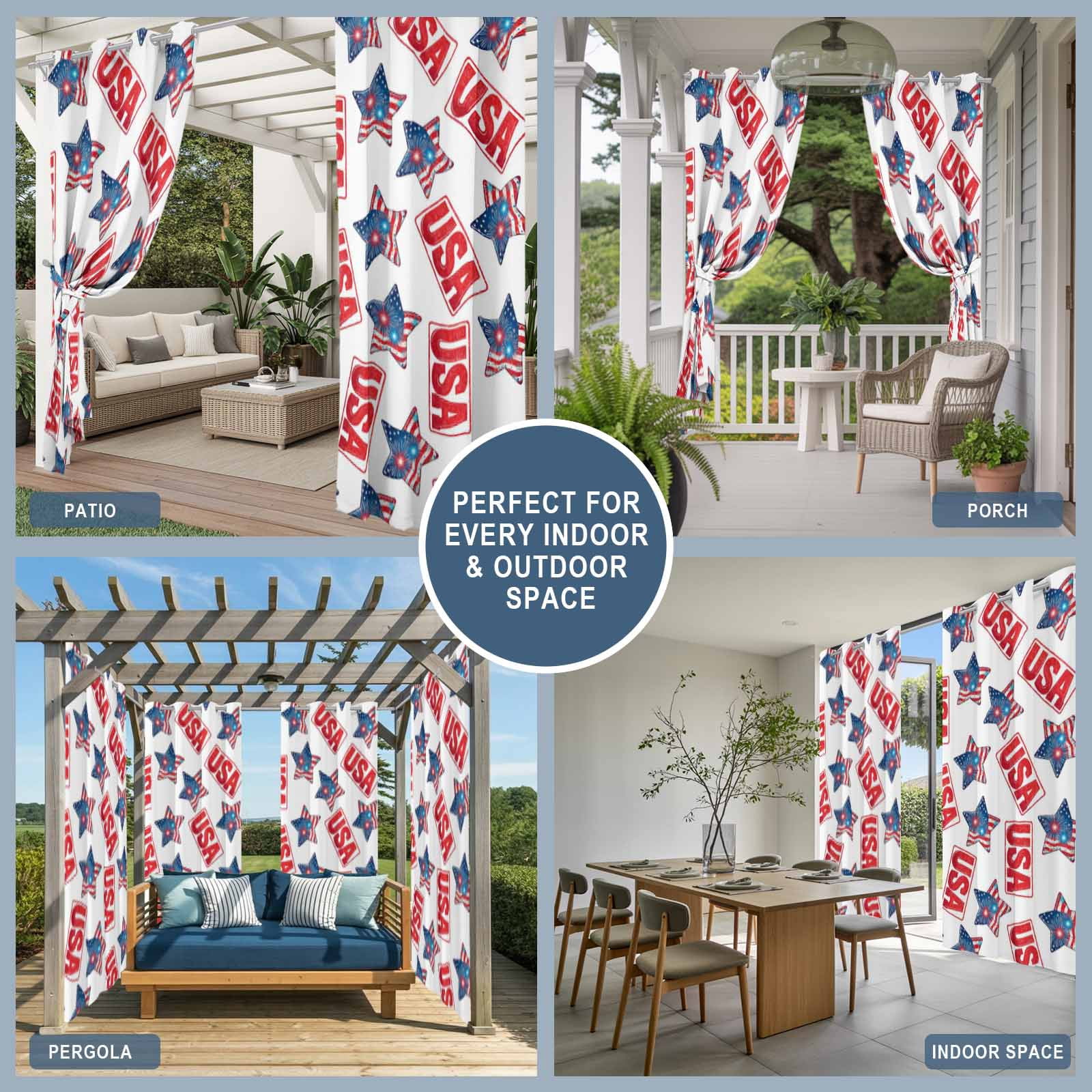 Independence Day Star Outdoor Curtains for Patio, Patriotic USA Flag Red Blue Star Fireworks Sunshade Privacy Drapes Grommet Waterproof Outside Curtains for Porch/Cabana/Balcony 54"x 108", 1 Panel