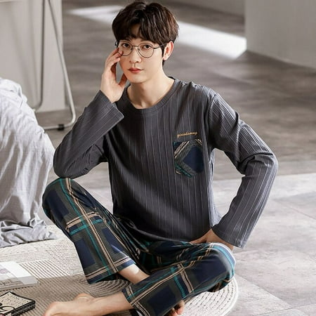 

CoCopeaunt Mens Pajamas Set Long Sleeve Trousers 2 Pieces Lounge Sleepwear Letter Striped Lattice Print Nightwear Soft O-neck Homewaer