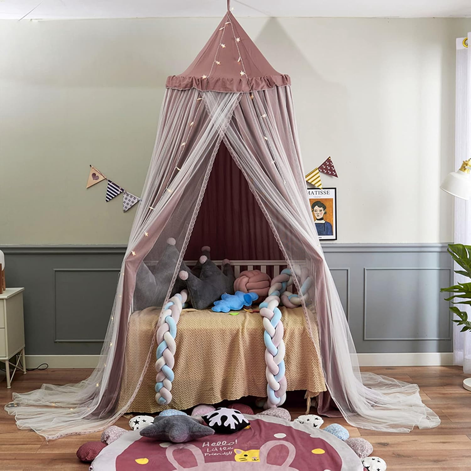 Bed Canopy Double Layer Princess Round Dome Dreamy Mosquito Net Bedding Girls Room Castle Play Tent Hanging House Decor Reading Nook Canopies(Jujube Red/White)
