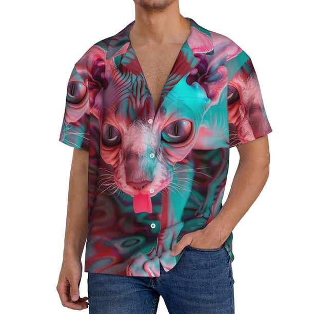 Fotbe Psychedelic Hairless Cat Camisa Estampada de Manga Corta para Hombre, Casual de Verano, Estilo Playero, Sin Arrugas-XX-Large