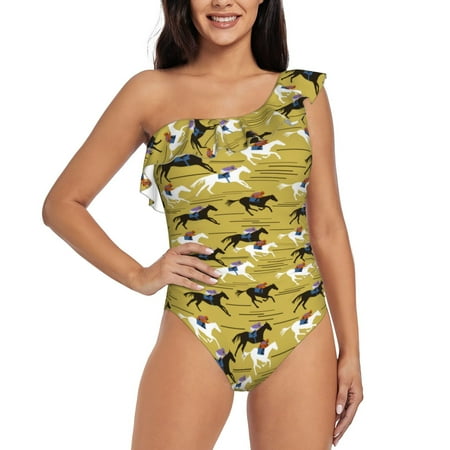 Uemuo Horsemen In Horseraces Print Women s One Piece Swimsuit Asymmetrical Neck Bathing Suit One Shoulder Side Cutout Ruffle Swimwear-Medium