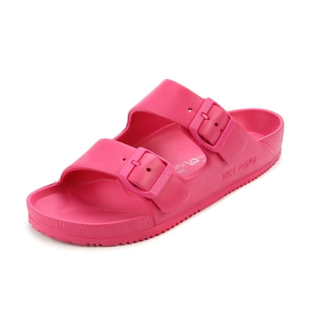 

VICT POPU Womens Sandals Adjustable Double Buckle Strap Waterproof EVA Flat Slides，Peach Sizes 7