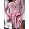 thumbnail image 6 of Women'S Two-Piece Knit Set Long Sleeve V-Neck Sweater with Ruffle Hem Mini Skirt Loungewear Pink S, 6 of 7