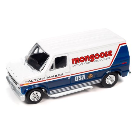 1965 Volkswagen Type 2 Transporter Van Black and Red "Schwinn" and 1976 Ford Econoline Van White and Blue "Mongoose USA Factory Team" "BMX Freestyle