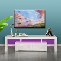 White TV Stand with 16 Colors LED Lights, TV Cabinet Console Table for TVs up to 70 inch, Modern High Gloss Media Console Center for Living Room with 2 Storage Drawers and Open Shelves, D3599