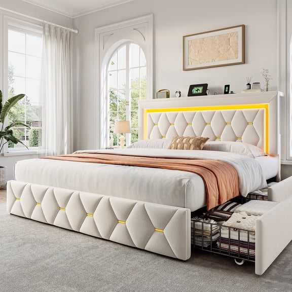 EnHomee Queen Size Bed Frame with 4 Storage Drawers Upholstered Bed with LED & Charge Station,Beige