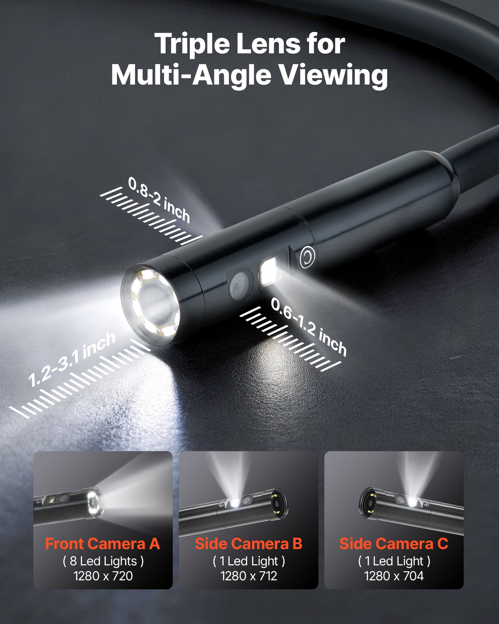VEVOR Triple Lens Endoscope with Light, 5" HD IPS Screen Industrial Borescope, 1280 x 720 Lens, 8 + 2 LEDs, 8X Zoom, IP67 Waterproof Inspection Snake Camera for Auto, Plumbing (16.4FT Rigid Cable)