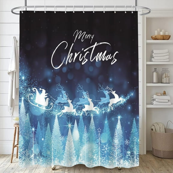 72x72inch Merry Christmas Shower Curtain White Christmas Reindeer Sleigh Santa Claus Curtain for Bathroom Sparkly Dots Romantic Winter Night Dreamy Pine Forest Elk Bokeh Decor with Hooks