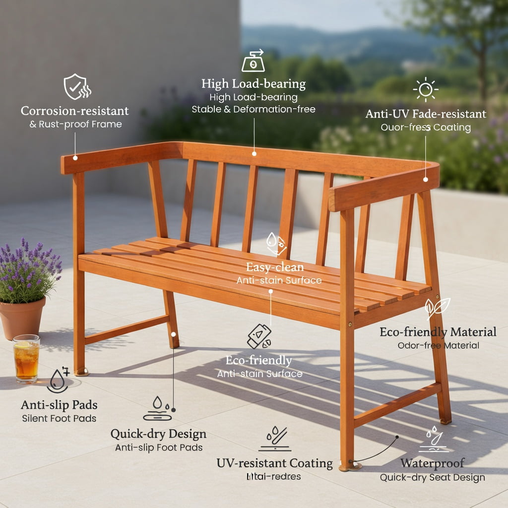 Hommoo Eucalyptus Wood Outdoor Bench with Backrest & Armrests, 2-Person Garden Patio Bench, Natural