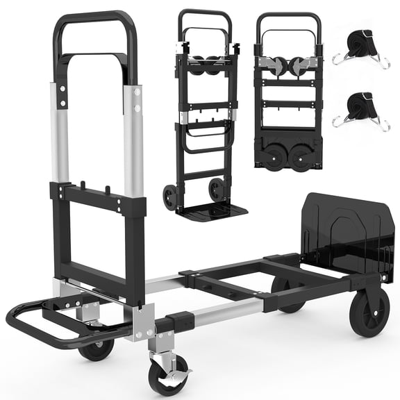 Yacona 3-in-1 Folding Hand Truck, Foldable Dolly Cart with Wheels Heavy Duty, Convertible Hand Cart for Moving with Retractable Handle, Black