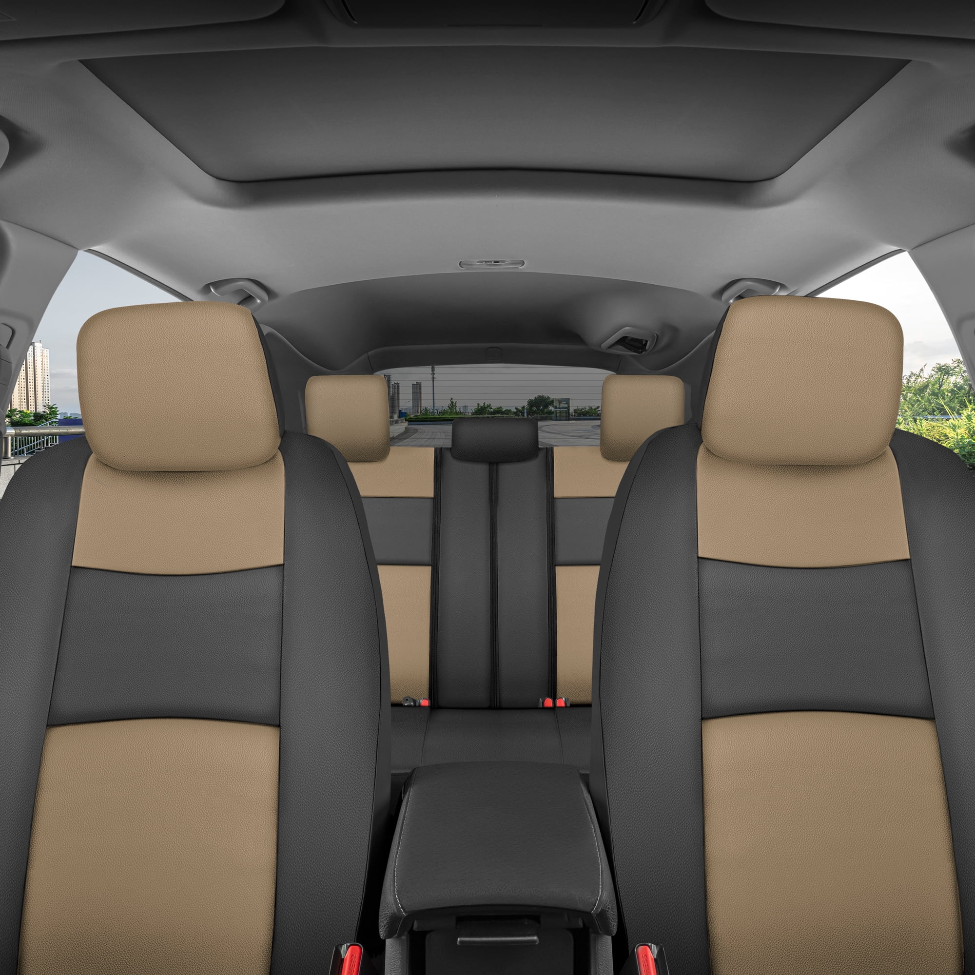 BDK Black & Beige Faux Leather Car Seat Cover Full Set - Front & Rear Split Bench Seat Covers For SUV & Truck Seat Protector, Airbag Compatible - Seat Covers for Cars & Interior Covers & Accessories