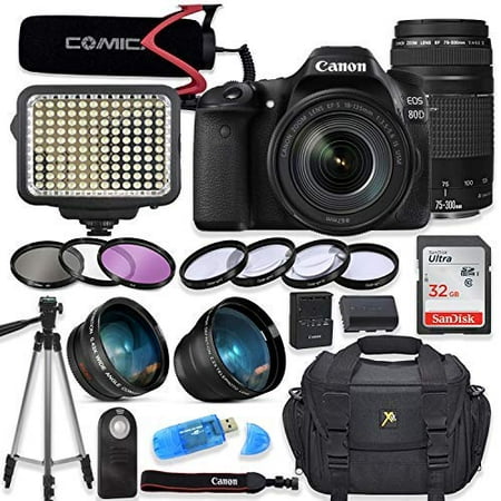 Canon EOS 80D Digital SLR Camera with Canon EF-S 18-135mm is USM & 75-300mm III Lens + Video LED Light + Video Pro Microphone + Sandisk 32GB SDHC Memory Card, Camera Bag (Complete Video (Best Budget Digital Camera For Low Light)