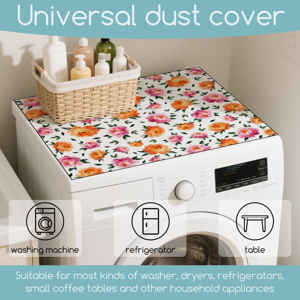 Peony Flower Washer Dryer Dust Cover 23.6×19.69inch Leaves Washing Machine Top Protector Pads Non Slip Washing Machine Top Covers