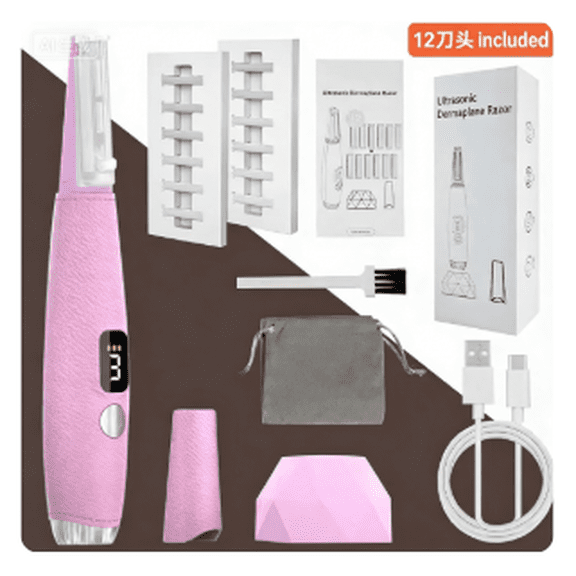 2026 New Hair Removal Device with Lamp, Electric Ultrasonic Shaver, Women's Eyebrow Trimmer, Non damaging Facial Shaver, 12 Blade Heads, Imitation Leather Body