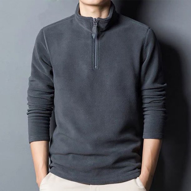 Blusa y camisa de manga larga con cuello alto para hombre, color liso, manga larga, cuello redondo, botones, informal, de poliéster