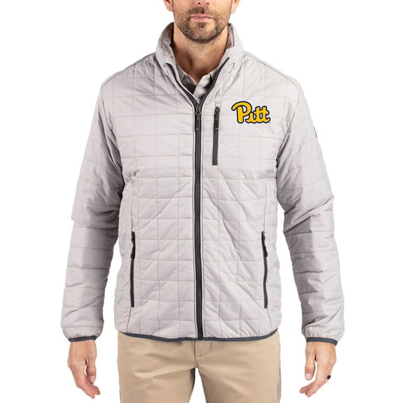 Men's-Cutter & Buck  Gray Pitt Panthers Rainier Eco Insulated PrimaLoft Full-Zip Puffer Jacket