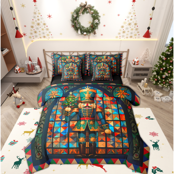 Manfei Retro Christmas Nutcraker 7-Piece Twin Bedding Sets,Merry Christmas Bedding Comforter Set,Retro Watercolor Glass Sheet Sets For Teens,Ultra Soft Home Decor Reversible
