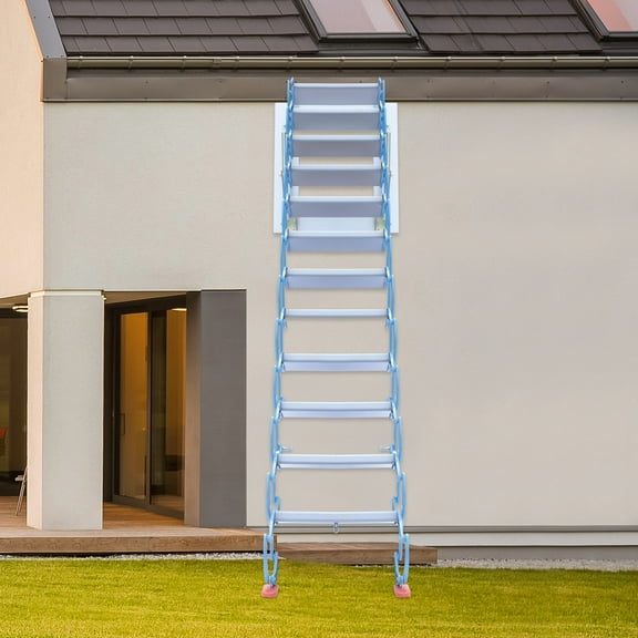 Peakora Folding Attic Ladder Blue Max. 881.85lbs 12 Steps Loft Telescoping Ladder Wall Mounted Folding Pulldown Stairs