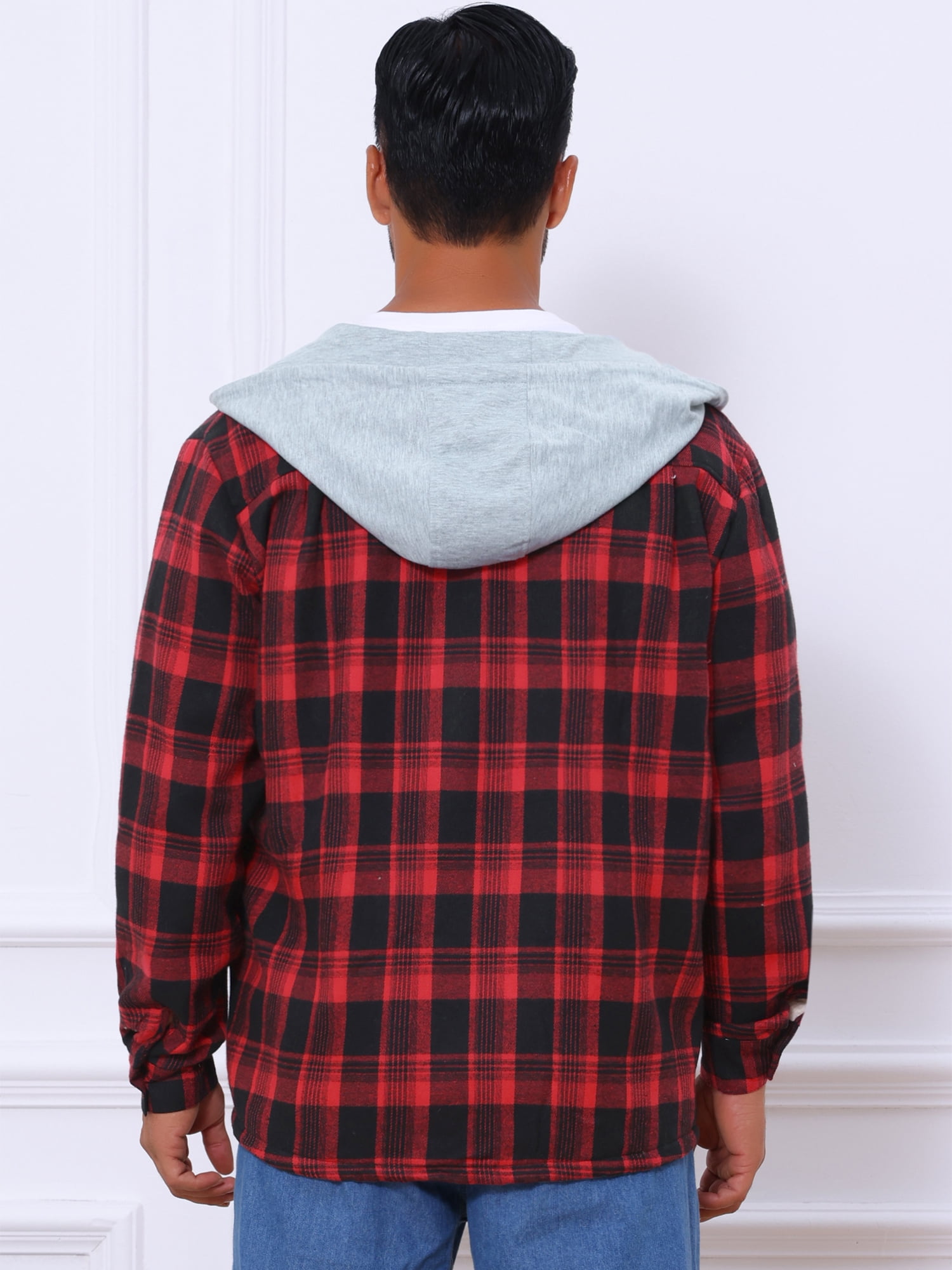 DARING DIVA Men's Fleece Lining Drawstring Hooded Plaid Shirt Jacket L Black Red