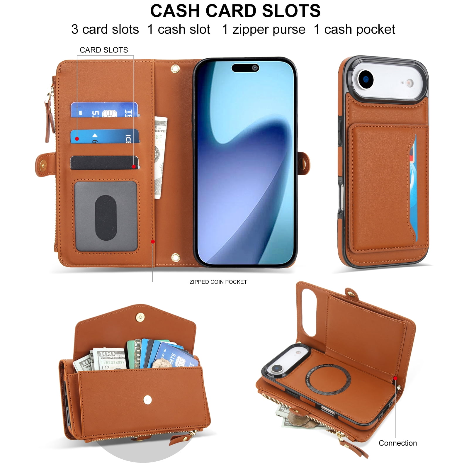 Designed for iPhone 17 Air Multi-Function Wallet Phone Case,With Shoulder Strap&Wrist Strap,Cash Pocket&Card Slots,Zipper Purse,Magnetic Detachable PU Leather Flip Phone Case,Brown