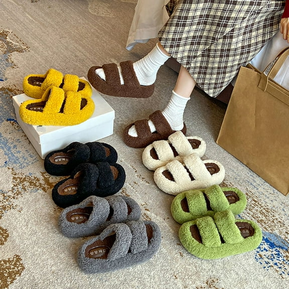 Miluxas Womens Fluffy Fleece Slip on Slippers for Women Indoor, Fashion Warm Ladies Bedroom Slippers with Non Slip Thick Sole Yellow 7.5(40)