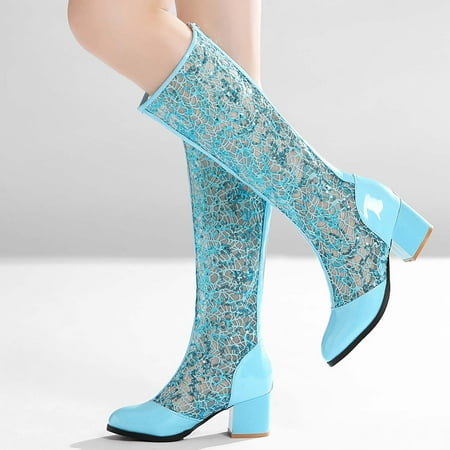

YOUSNH Oversized Women s Hollowed Out Round Head Thick High Heels High Boots Women s Boots Woman Shoes Blue 8