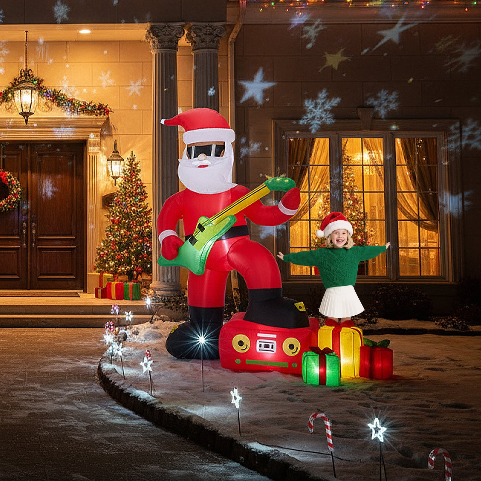 Astoutdoor 7.5 ft Lighted Christmas Inflatable Decoration, Black Santa Playing Electric Guitar, Blow Up Yard Decor with Built-in LED Lights
