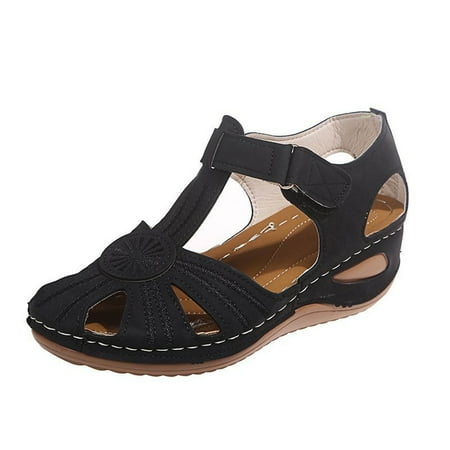 

Rewenti Summer Sandals for Women Slide Hollow Out Comfy Sandals Slope Heeled Beach Casual Shoes Black 9.5(43)