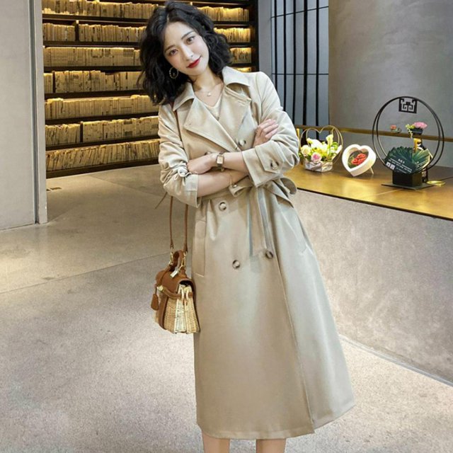 Gabardina con doble botonadura para mujer, manga regular, cinturón, cinturón medio largo, lazo automático L Hugo Gabardina de mujer