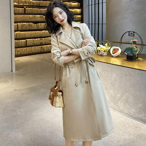 Gabardina con doble botonadura para mujer, cinturón con muescas, impermeable, elegante, con cinturón, con lazo, manga delgada, prendas de vestir exter - L L Soledad Gabardina de mujer