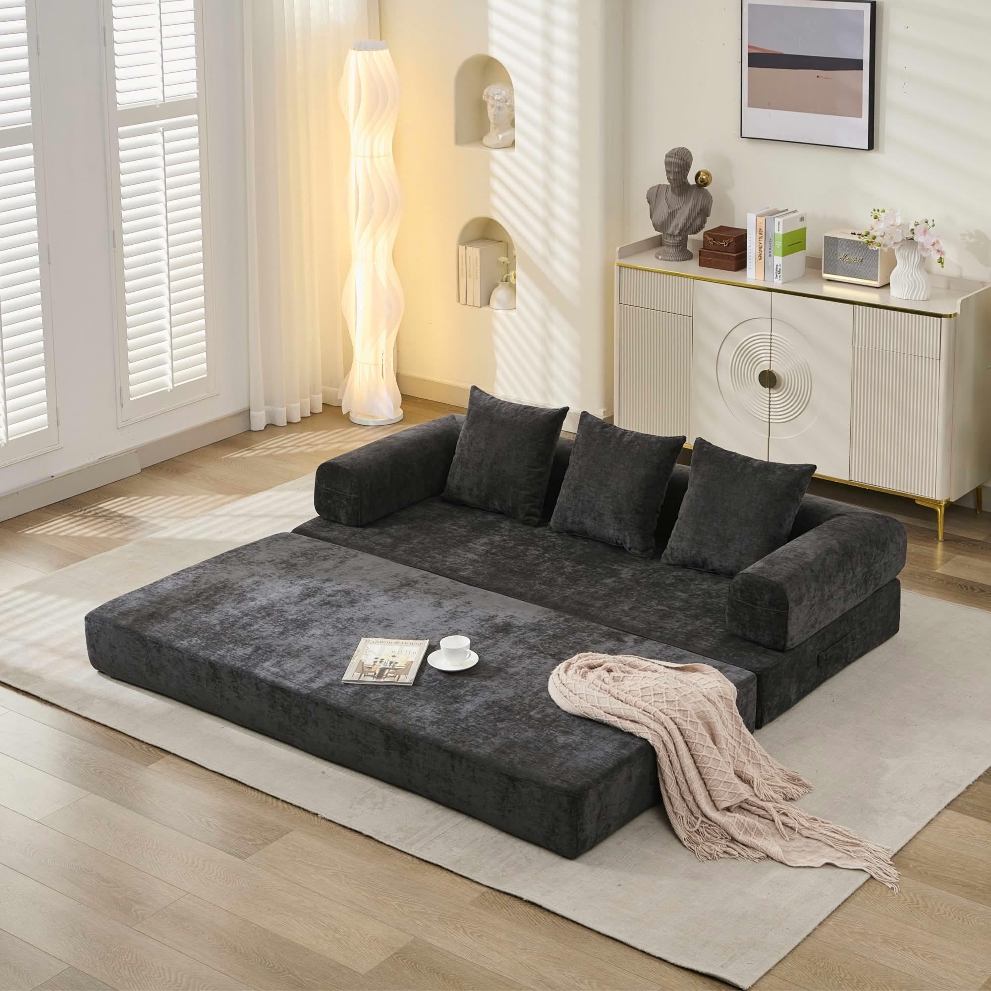 MAYEERTY 78.8" Black Chenille Convertible Floor Sofa Bed, No Assembly Modular Couch with Pillows for Living Room Studio