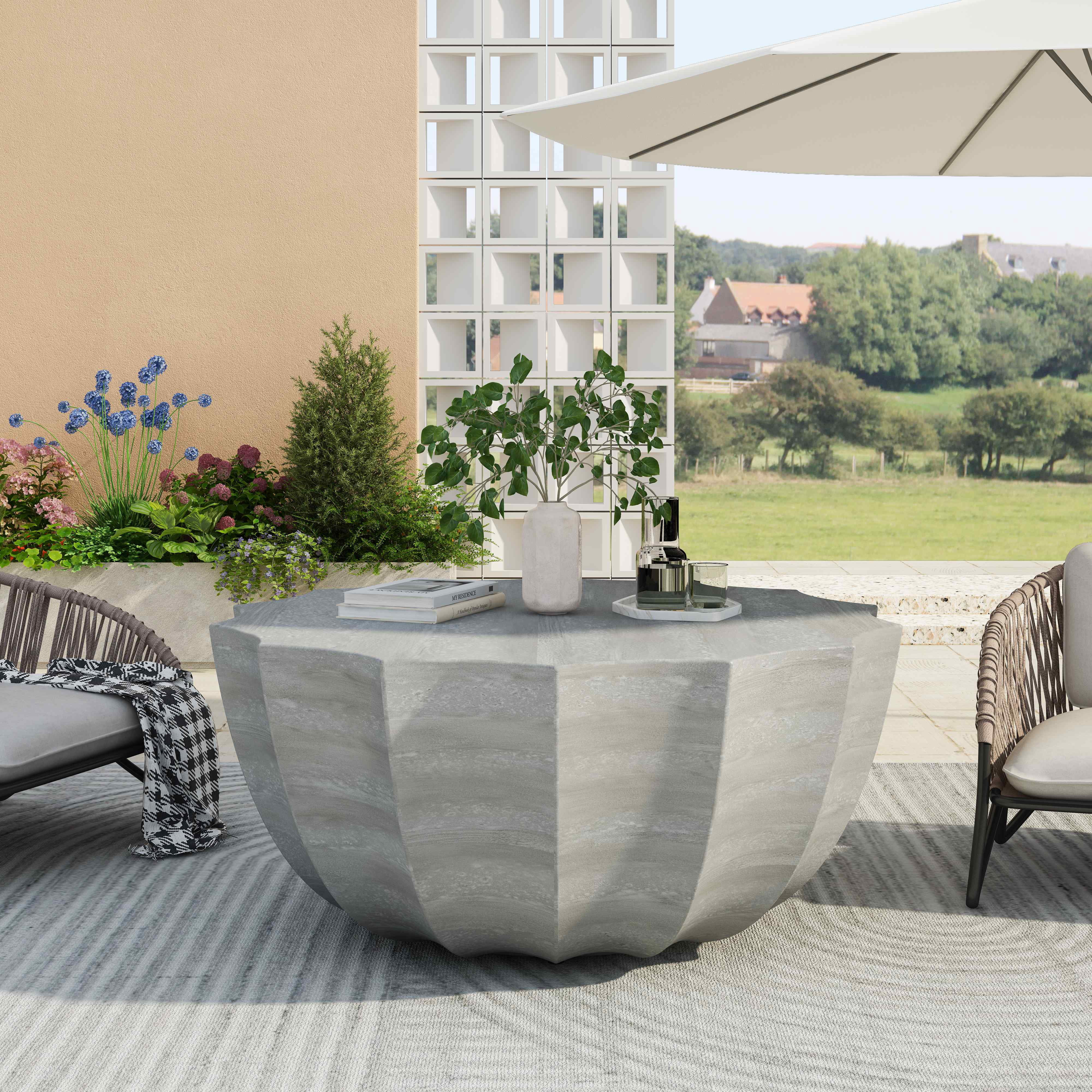 FFH 35.43" Coffee Table for Outdoor and Indoor, Waterproof Round Coffee Table for Living Room, Patio, Durable MgO Cement Design, Marble White
