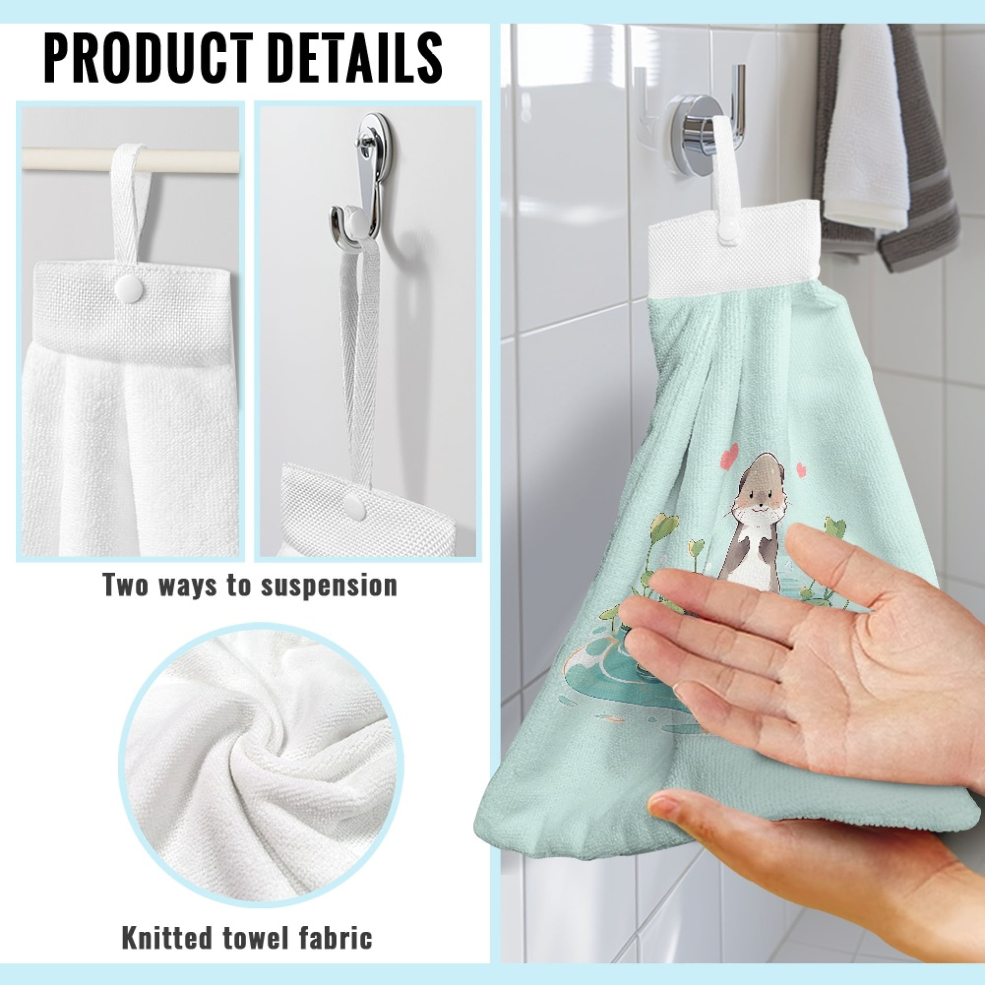 ZIATUBLE Otter Hanging Hand Towels Fast Drying Hanging Kitchen Dish Towel Set 3 Piece with Snap Button Bathroom Hand Bath Towel Easy to Clean Kitchen Hand Towels and Washcloths Home Decor