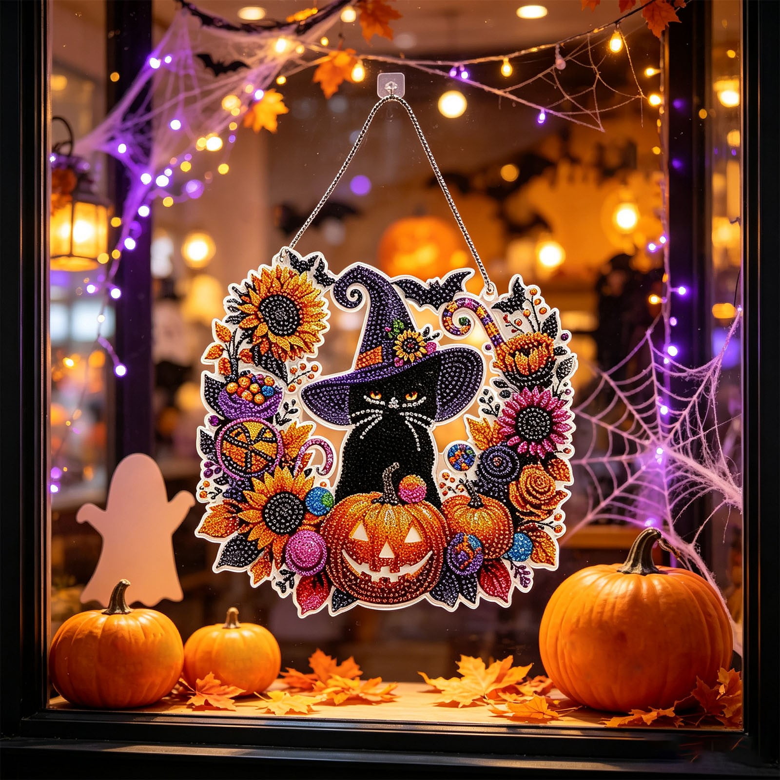 Halloween Diamond Art Painting Pendant 8in DIY Pumpkin Wreath Window Wall Hanging Craft Kit Display Items Props Collections Extras Special Edition Deluxe Pack