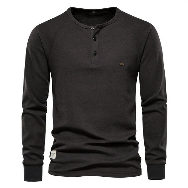 Camiseta de manga larga para hombre, color liso, diseño con cuello, corte holgado, poliéster, prenda informal para otoño-invierno