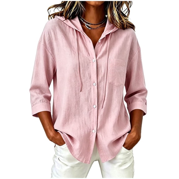jobturf Sun Protection Shirts for Women Cotton Linen 3/4 Sleeve Casual Hooded Button Down Shirt Spring Fall Vacation Tops S-2XL