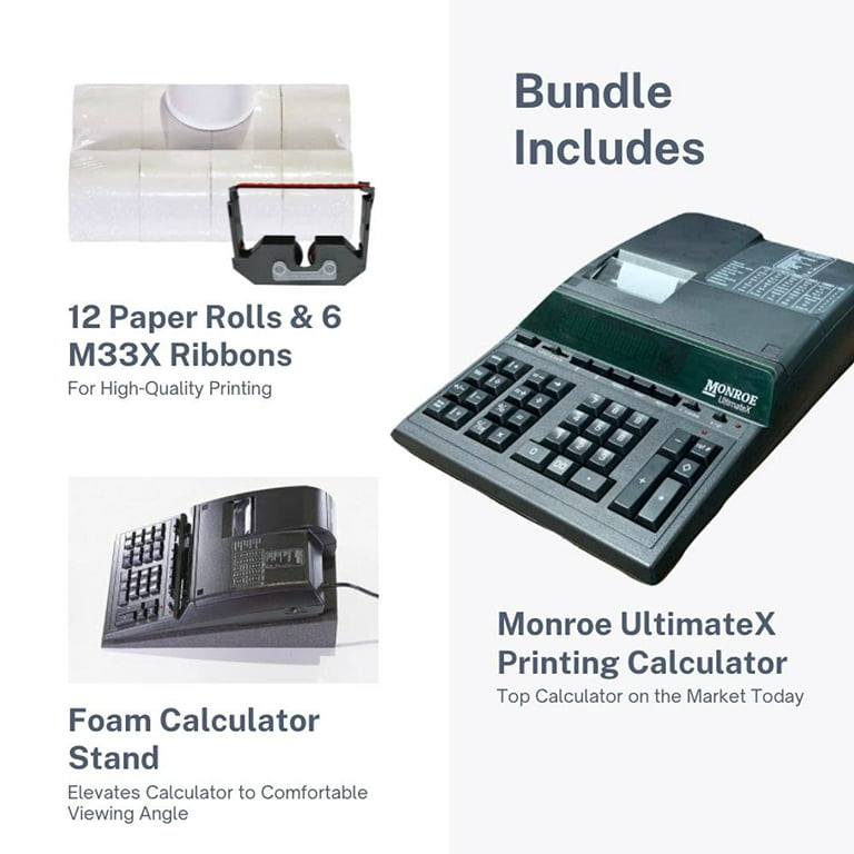 Monroe UltimateX Elite Printing Calculator/Adding Machine Bundle with  Ribbons, Paper and Foam Calculator Stand 