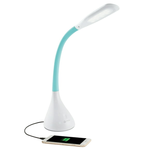 OttLite LED Desk Lamp with Adjustable Neck, Creative Curves (White/Turquoise) - 2.1A USB Charging Port, 4 Dimmable Brightness Settings, Energy-Efficient Natural Daylight LEDs for Home & Office