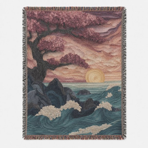 Cherry Blossom Ocean Sunset Woven Blanket, Pink and Teal, 100% Cotton, Scenic Art for Living Room Decor