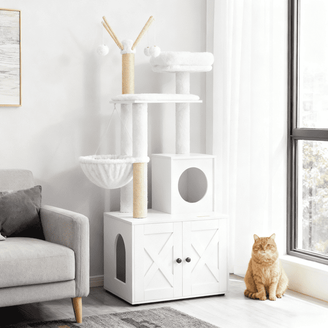 LEDREM 55.1" 2-in-1 Modern Cat Tree & Litter Box Enclosure, Multi-Level Cat Condo with Scratching Posts, Hidden Storage, Cloud White