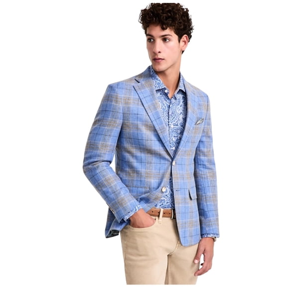 Tallia Mens Slim fit Sport Coat Blazer 48 R Light Blue Beige Plaid