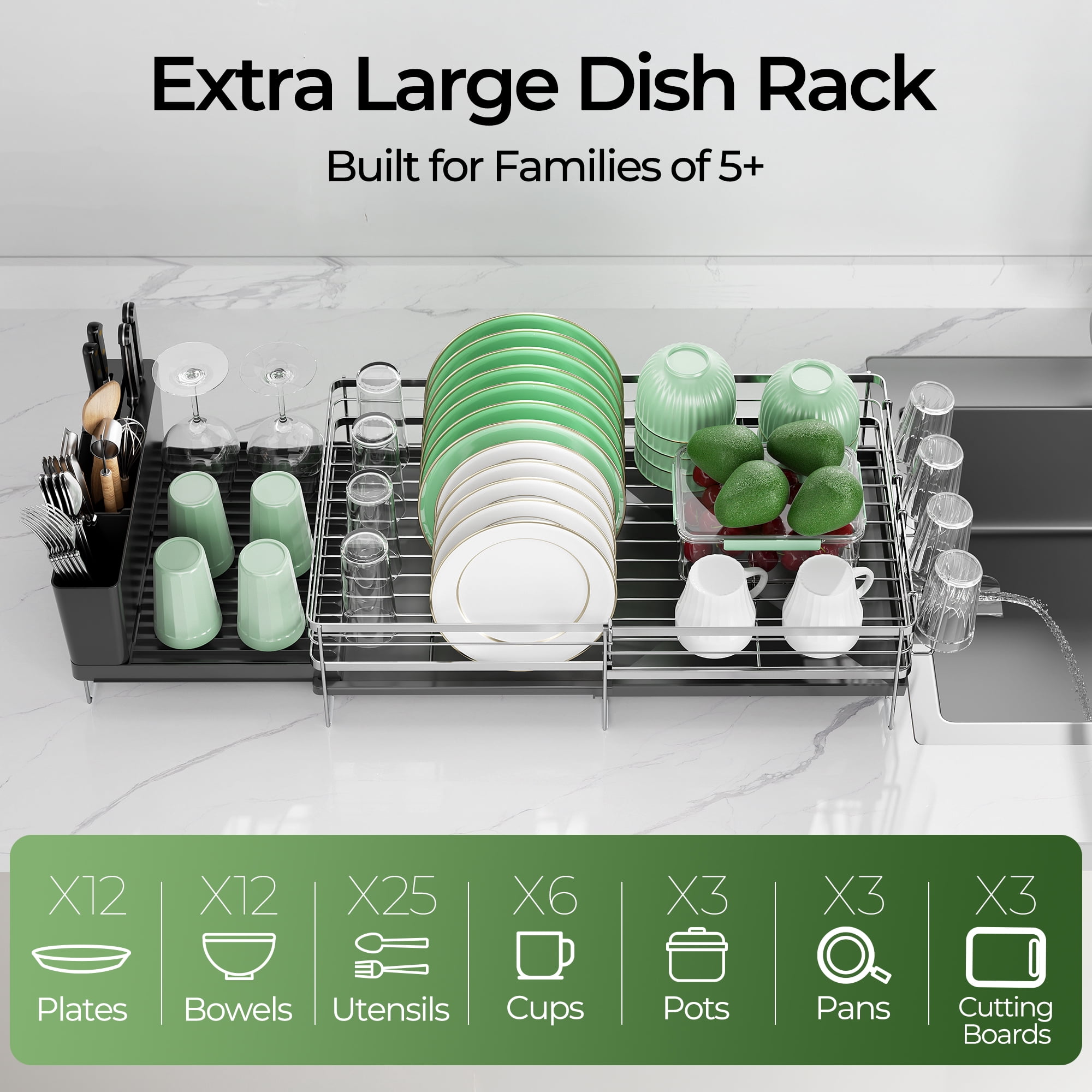 ORDORA Dish Drying Rack - Extendable Dish Rack Kitchen Drainer Set, Multifunctional Dish Drainer with Drainboard Set, Dish rack with Utensil Holder & Cup Holder, 13.4"-28.7" L x 11.8" W