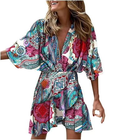 

asdoklhq Maternity Dress Women Sexy Trumpet Half Sleeve Ruffle Hem Irregular Printed V-Neck Waist Mini Ruffle Dresses