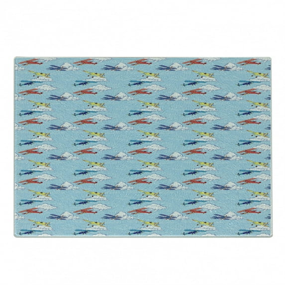 Vintage Airplane Cutting Board, Colorful Sketch Style Propeller Airplanes Vacation Transportation Theme, Decorative Tempered Glass Cutting and Serving Board, Small Size, Multicolor, by Ambesonne