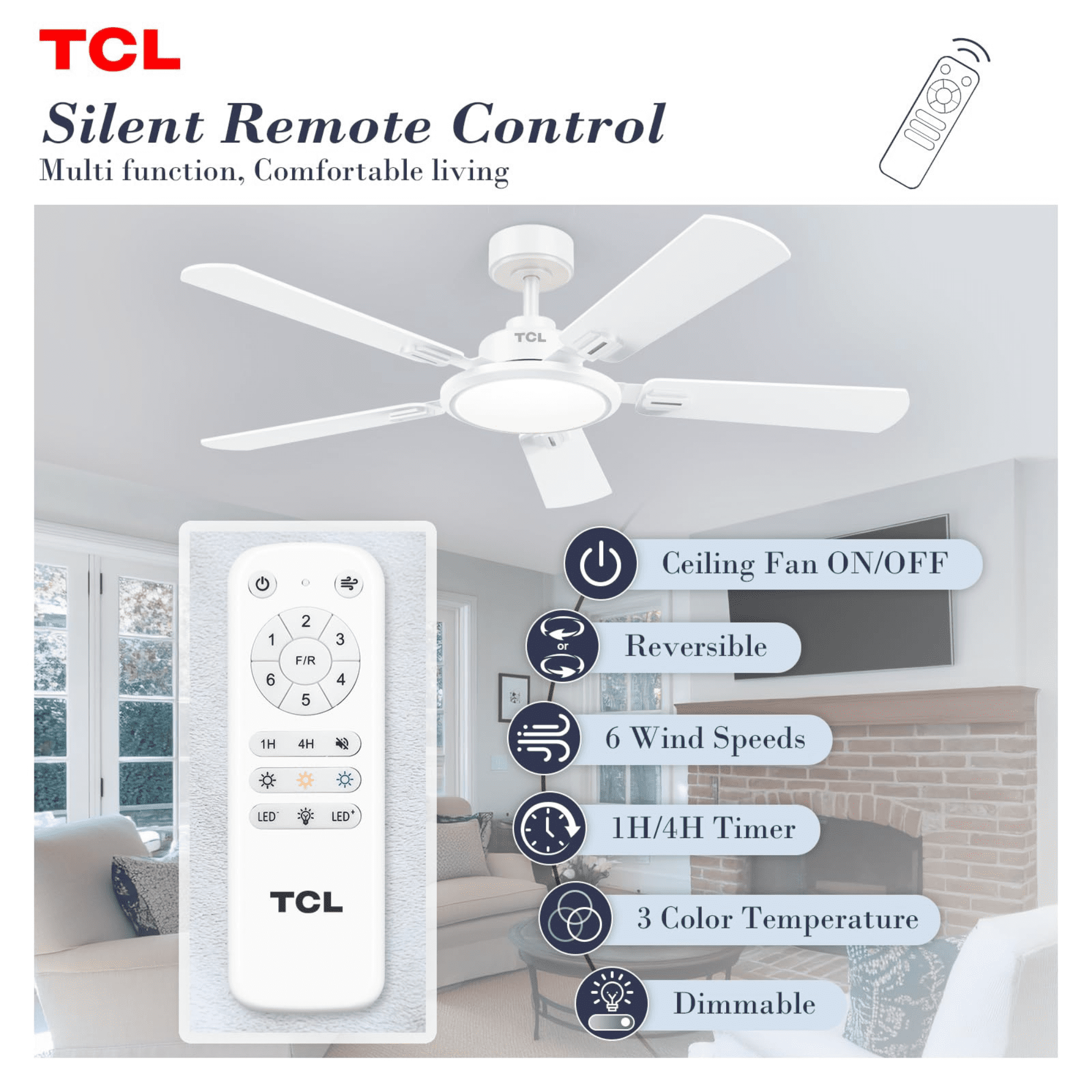 TCL Ceiling Fans with Lights, 52 Inch Ceiling Fan with Light and Remote Control, Reversible DC Motor, Noiseless, Dimmable 36W LED, Modern Ceiling Fan for Bedroom Living Room