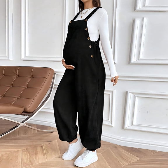 Mifsaly Corduroy Maternity Overalls for Women Sleeveless Wide Leg Maternity Jumpsuit Adjustable Straps Comfortable Pregnancy Jumpsuits with Pockets XL