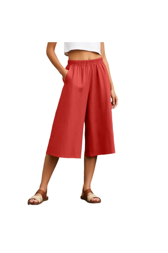 Womens Pants Casual Solid Color Cropped Wide-Leg Pull-On Culottes Female Mid Elastic Waist Loose Soft Daily Breathable Comfortable Pants With Pockets,M